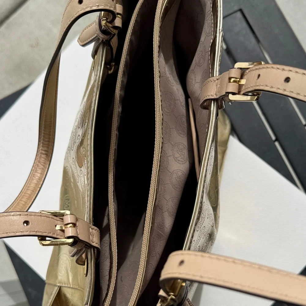 Michael Kors Gold Metallic Embossed MK Tote with Tan Handles - Picture 11 of 13